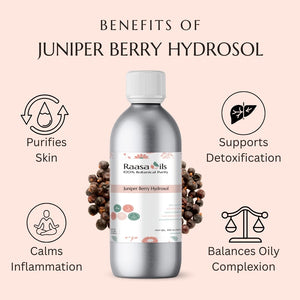 Raasa Oils Juniper Berry Hydrosol bottle with benefits listed on a light pink background