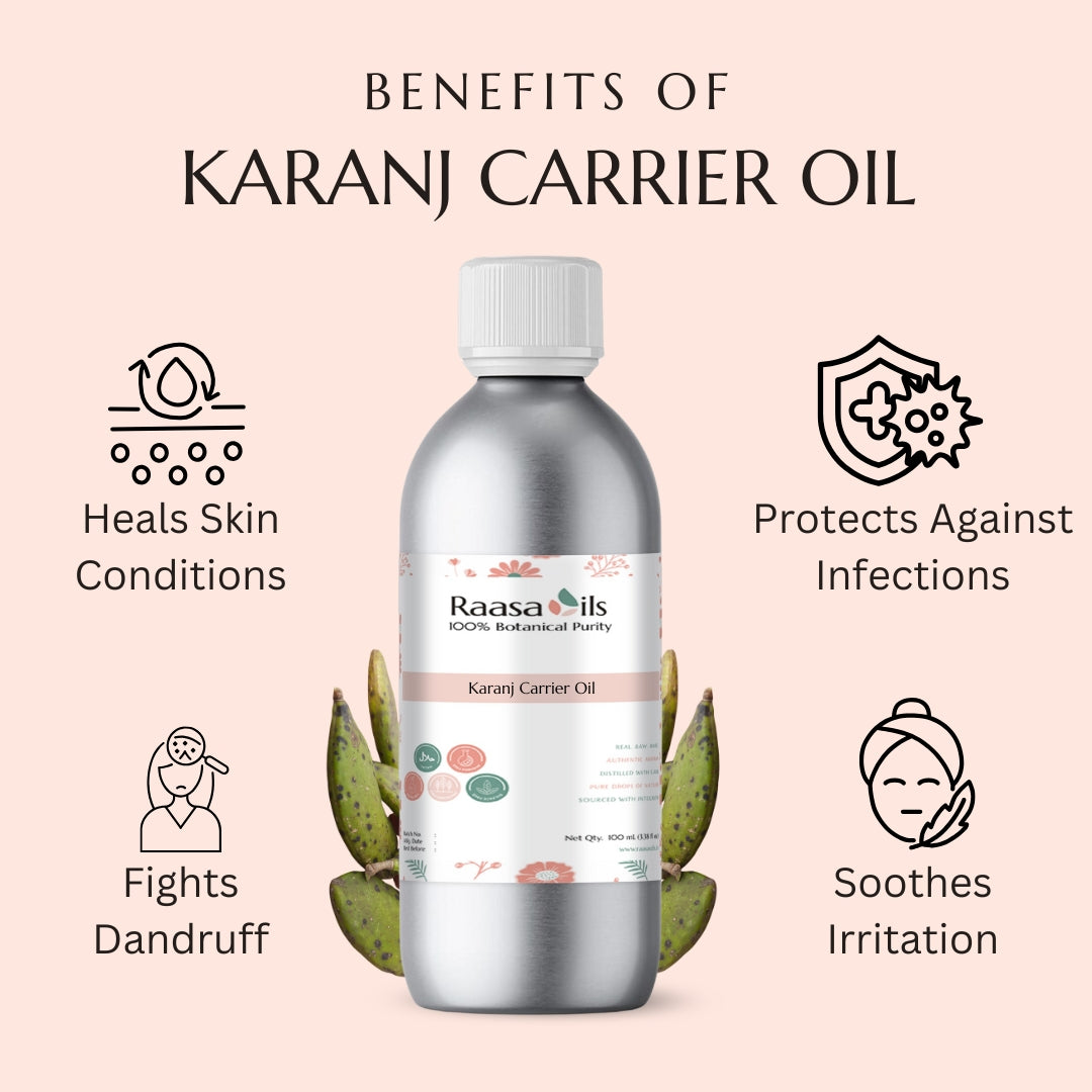 Karanj carrier oil bottle with benefits listed on a pink background