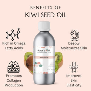 Raasa Oils kiwi seed oil bottle with benefits listed on a pink background