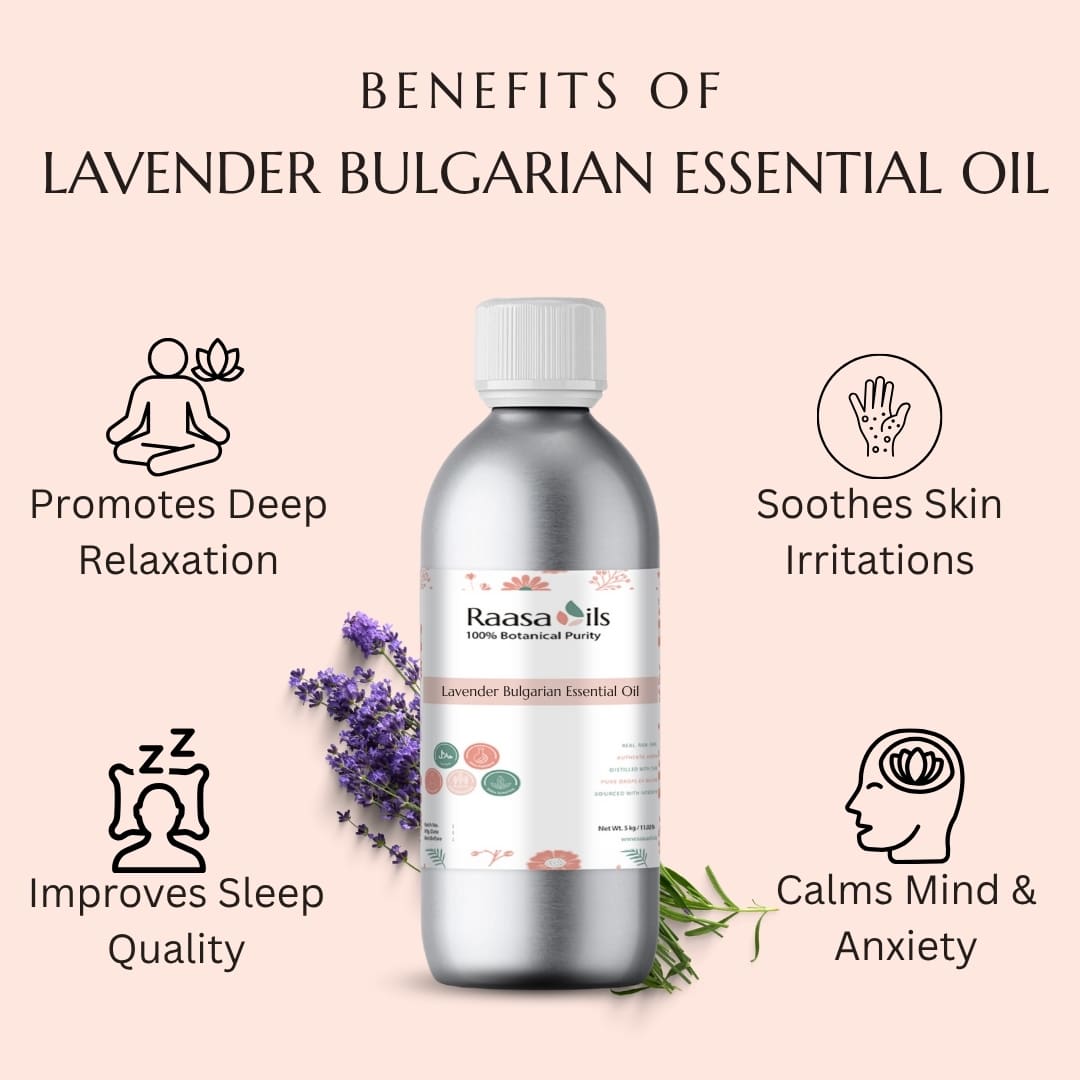 Lavender Bulgarian essential oil bottle with benefits listed on a pink background