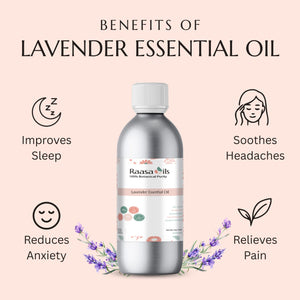 Bottle of Raasa Oils lavender essential oil with benefits listed on a pink background