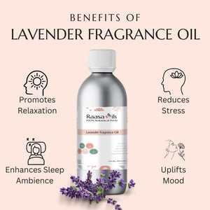 Raasa Oils lavender fragrance oil bottle with benefits listed on a pink background
