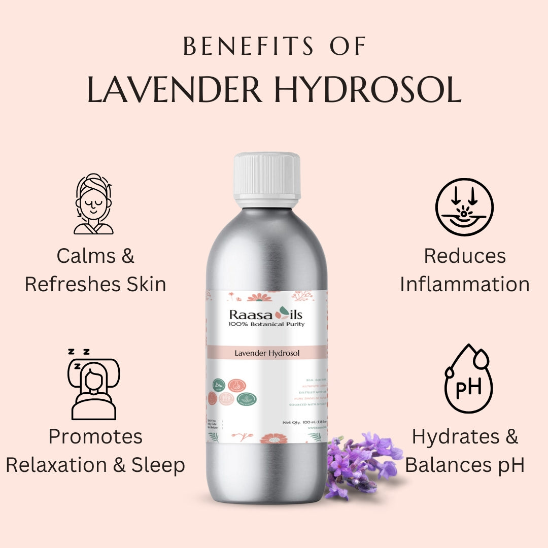 Bottle of Raasa Oils Lavender Hydrosol with benefits listed on a pink background