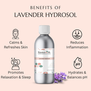 Bottle of Raasa Oils Lavender Hydrosol with benefits listed on a pink background