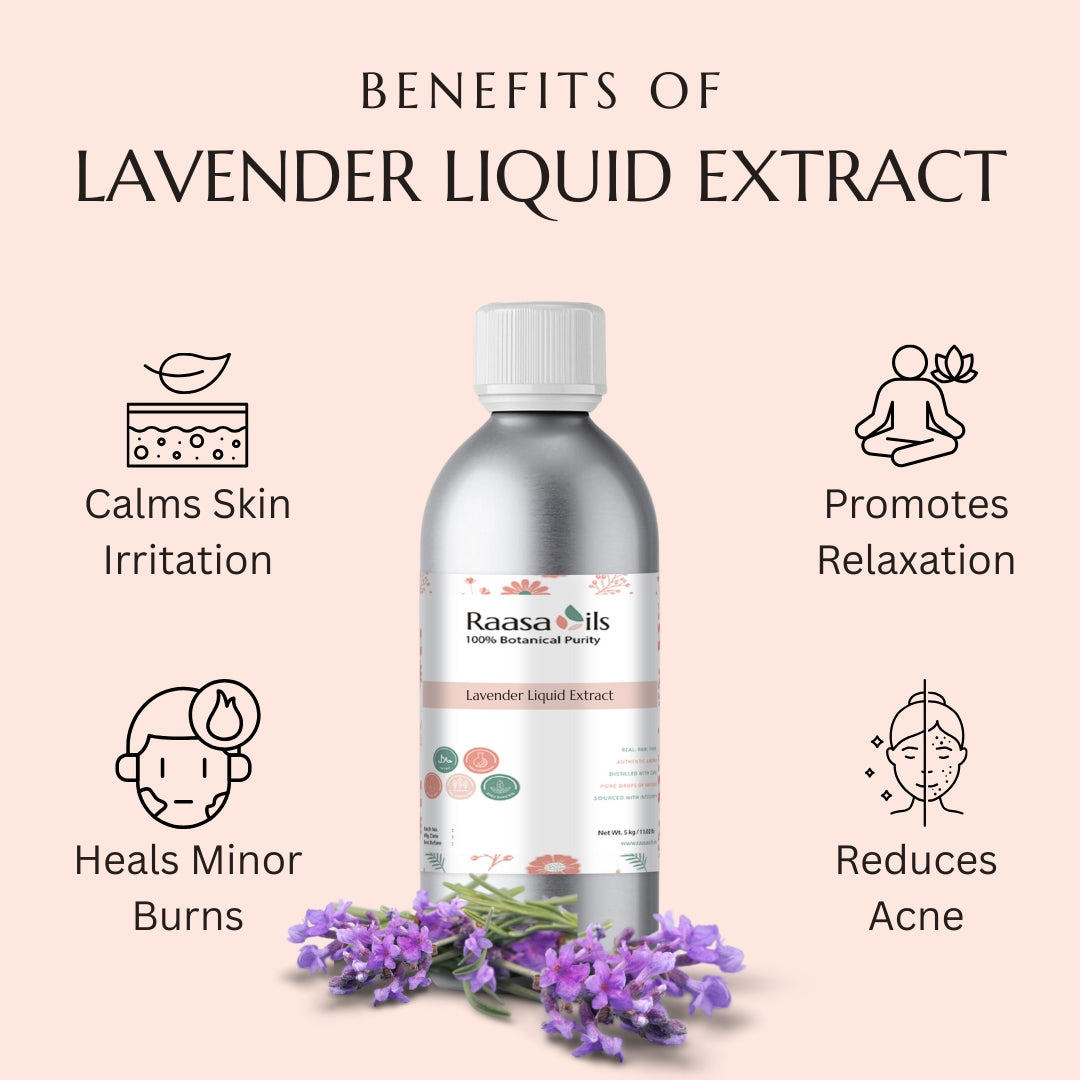 Raasa Oils Lavender Liquid Extract bottle with benefits listed on a pink background
