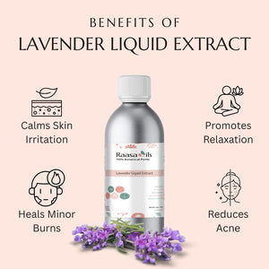 Raasa Oils Lavender Liquid Extract bottle with benefits listed on a pink background