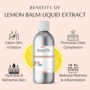 Bottle of Raasa Oils Lemon Balm Liquid Extract with benefits listed on a pink background