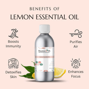 Lemon essential oil bottle with benefits listed on a pink background