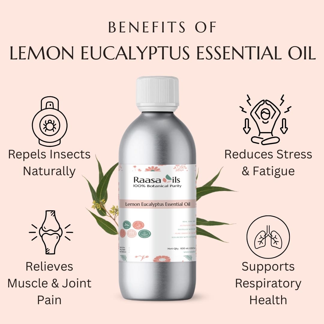 Bottle of Raasa Oils Lemon Eucalyptus Essential Oil with benefits listed on a pink background