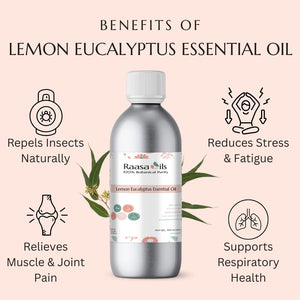 Bottle of Raasa Oils Lemon Eucalyptus Essential Oil with benefits listed on a pink background