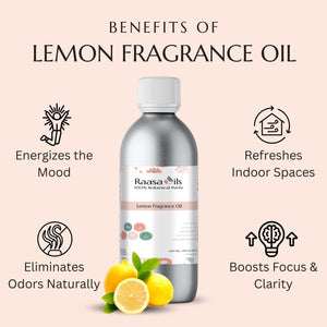 Raasa Oils lemon fragrance oil bottle with benefits listed on a light pink background