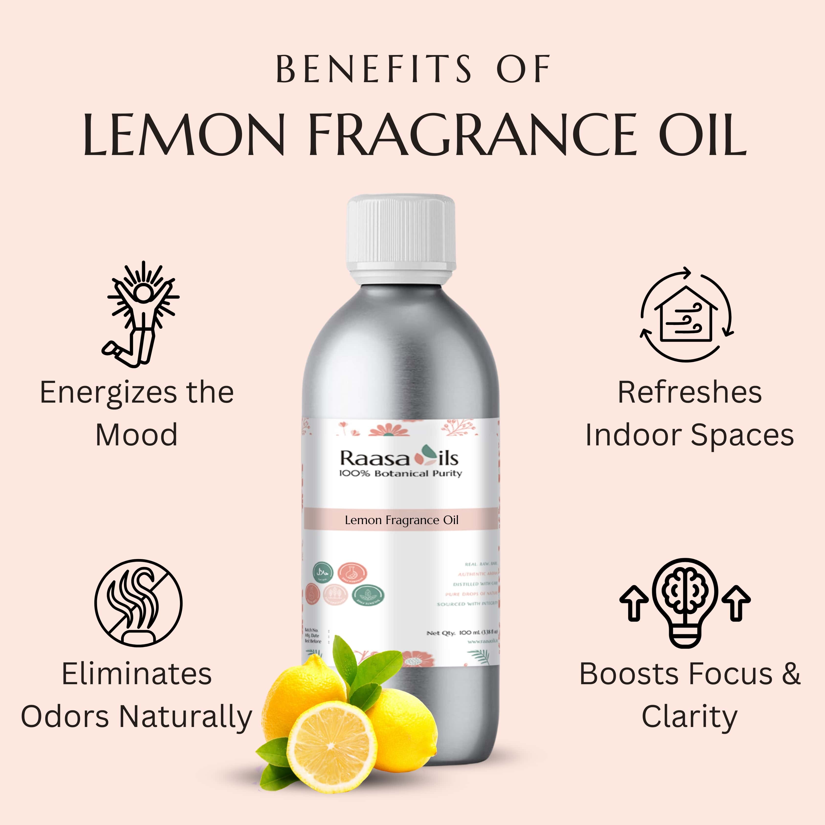 Raasa Oils lemon fragrance oil bottle with benefits listed on a light pink background