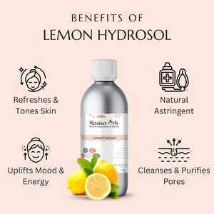 Raasa Oils lemon hydrosol bottle with benefits listed on a light pink background