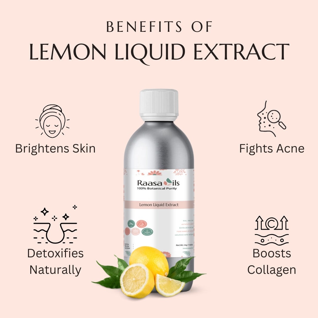 Raasa Oils lemon liquid extract bottle with benefits listed on a pink background