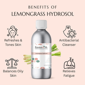 Bottle of Raasa Oils Lemongrass Hydrosol with benefits listed on a pink background