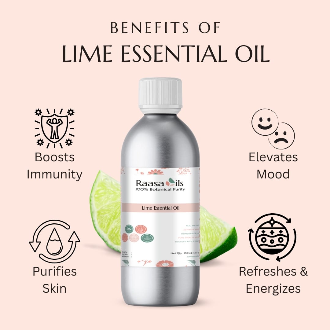 Bottle of Raasa Oils Lime Essential Oil with benefits listed on a pink background
