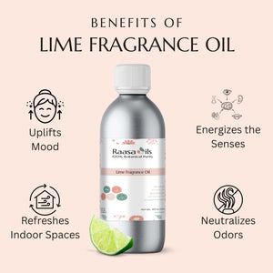 Raasa Oils lime fragrance oil bottle with benefits listed on a beige background