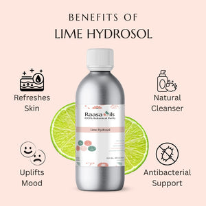 Bottle of Raasa Oils Lime Hydrosol with benefits listed on a pink background