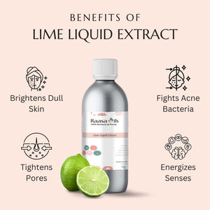 Raasa Oils Lime Liquid Extract bottle with benefits listed on a beige background