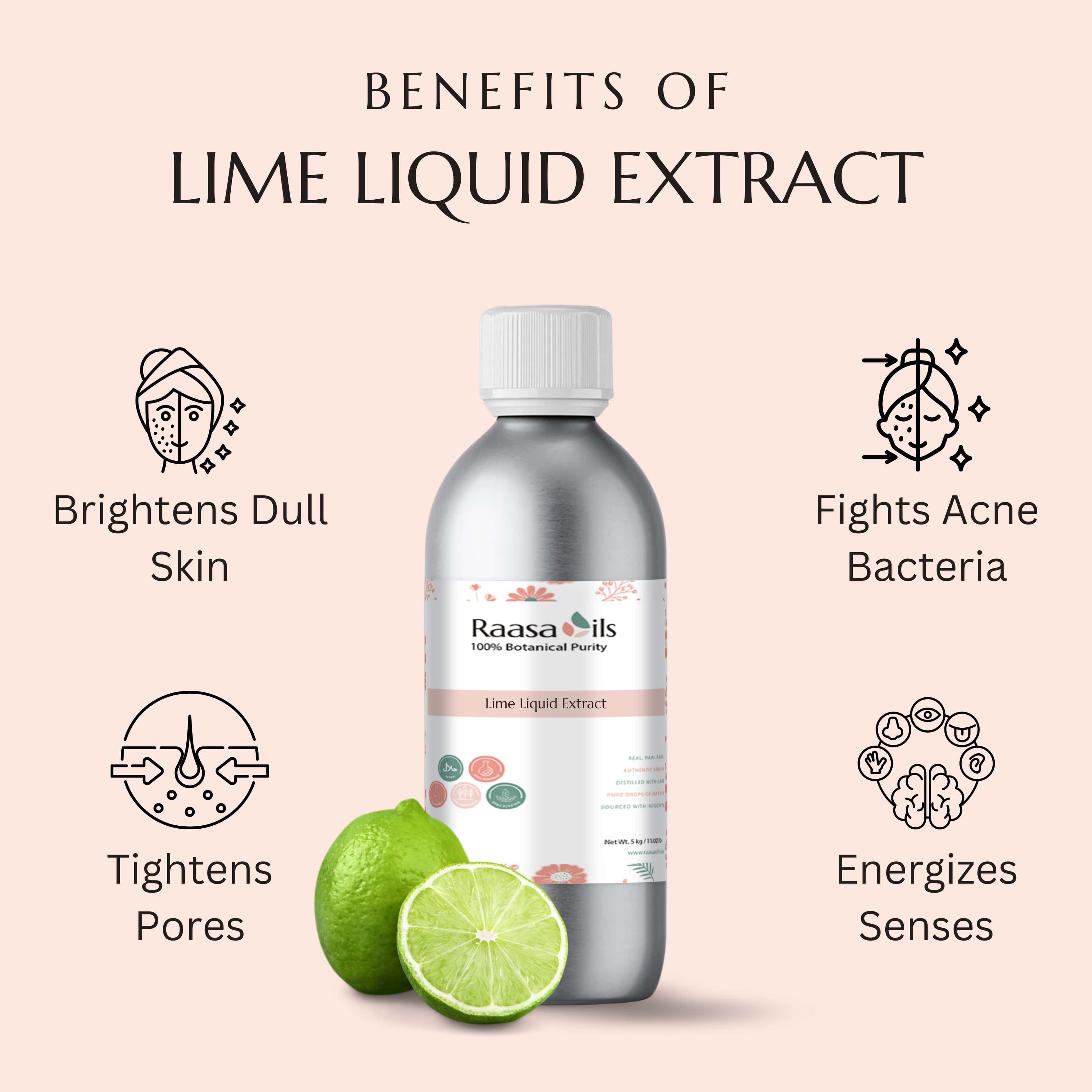 Raasa Oils Lime Liquid Extract bottle with benefits listed on a beige background