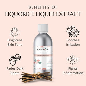Raasa Oils Liquorice Liquid Extract bottle with benefits listed on a pink background