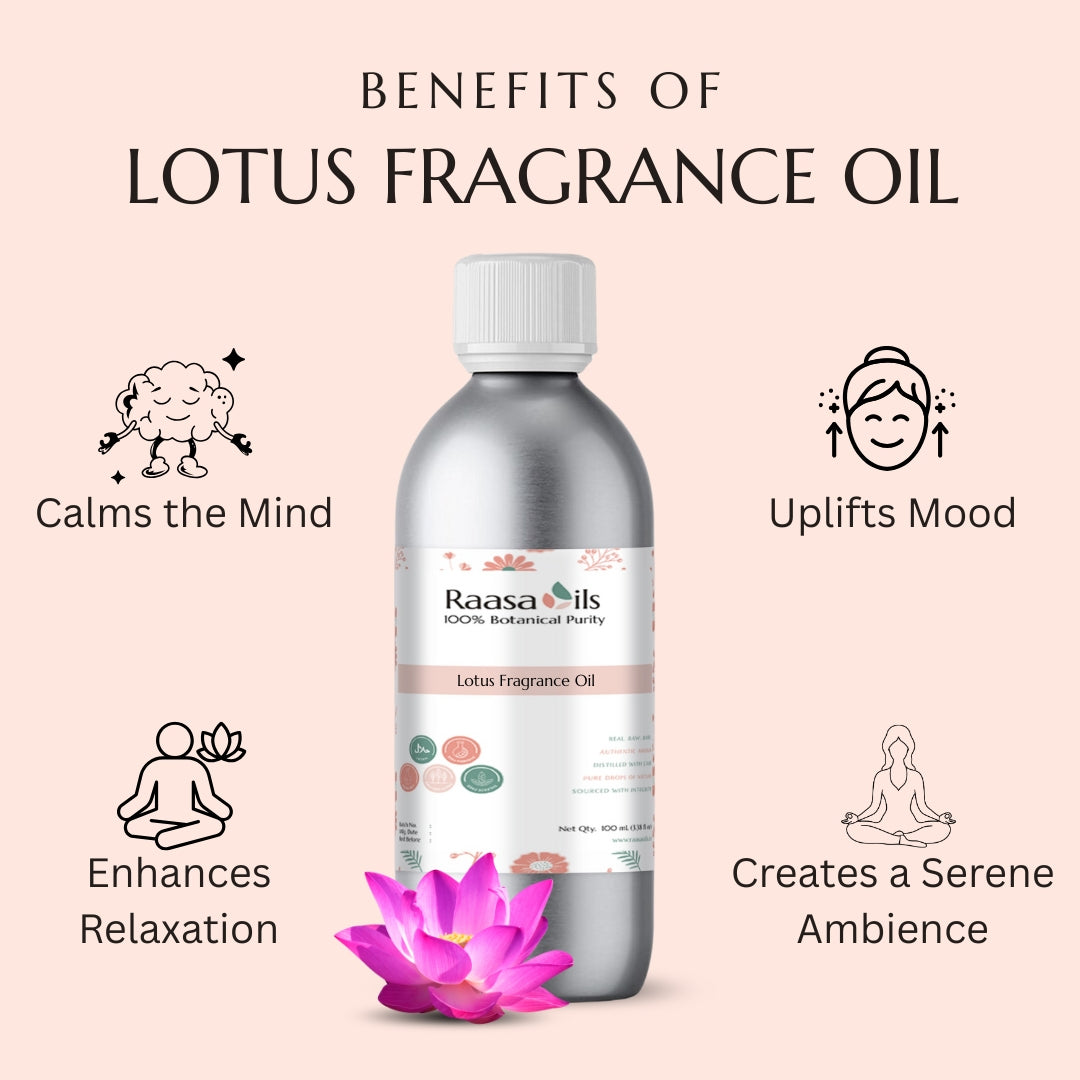 Raasa Oils Lotus Fragrance Oil bottle with benefits listed on a pink background
