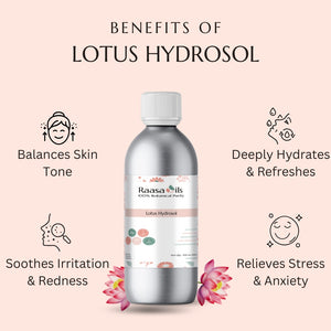 Bottle of Raasa Oils Lotus Hydrosol with benefits listed on a pink background