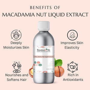 Raasa Oils Macadamia Nut Liquid Extract bottle with benefits listed on a pink background
