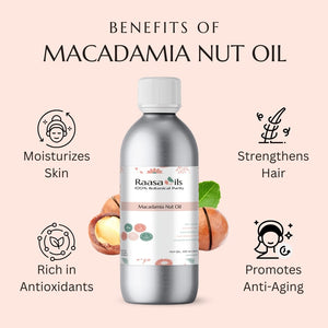 Bottle of Raasa Oils Macadamia Nut Oil with benefits listed on a pink background