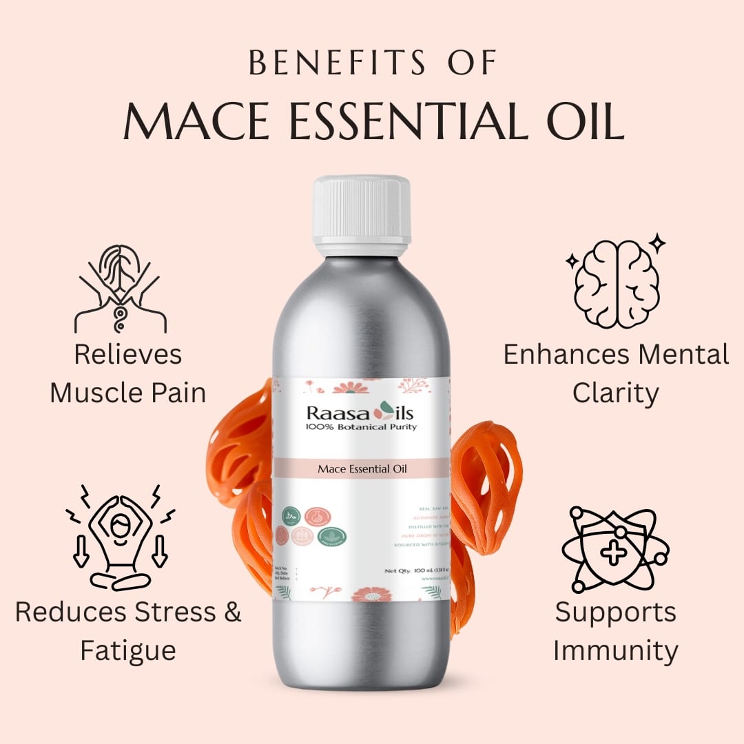Raasa Oils Mace Essential Oil bottle with benefits listed on a pink background