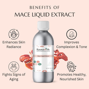 Bottle of Raasa Oils Mace Liquid Extract with benefits listed on a pink background