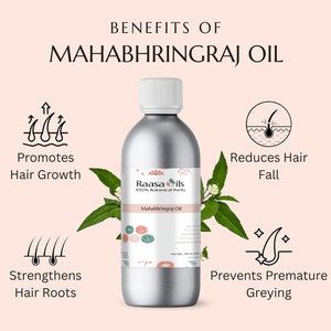 Bottle of Raasa Oils Mahabhringraj Oil with illustrations of hair care benefits on a pink background