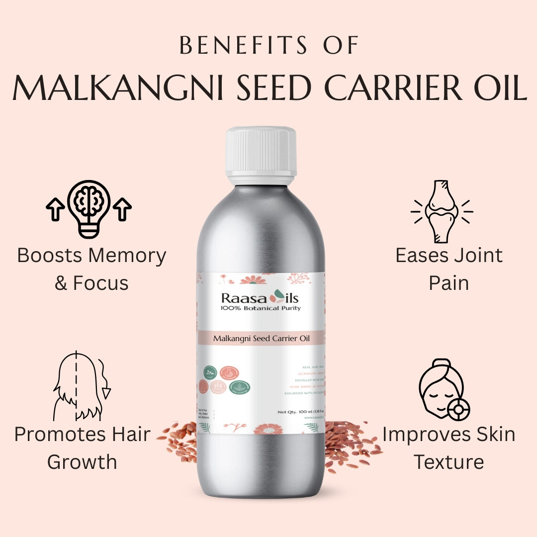 Bottle of Raasa Oils Malkangni Seed Carrier Oil with benefits listed on a pink background