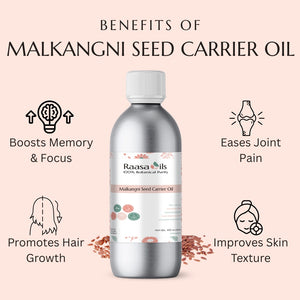 Bottle of Raasa Oils Malkangni Seed Carrier Oil with benefits listed on a pink background