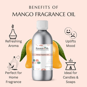 Mango fragrance oil bottle with benefits listed on a pink background
