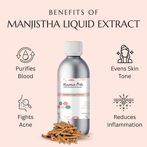 Raasa Oils Manjistha Liquid Extract bottle with benefits listed on a pink background