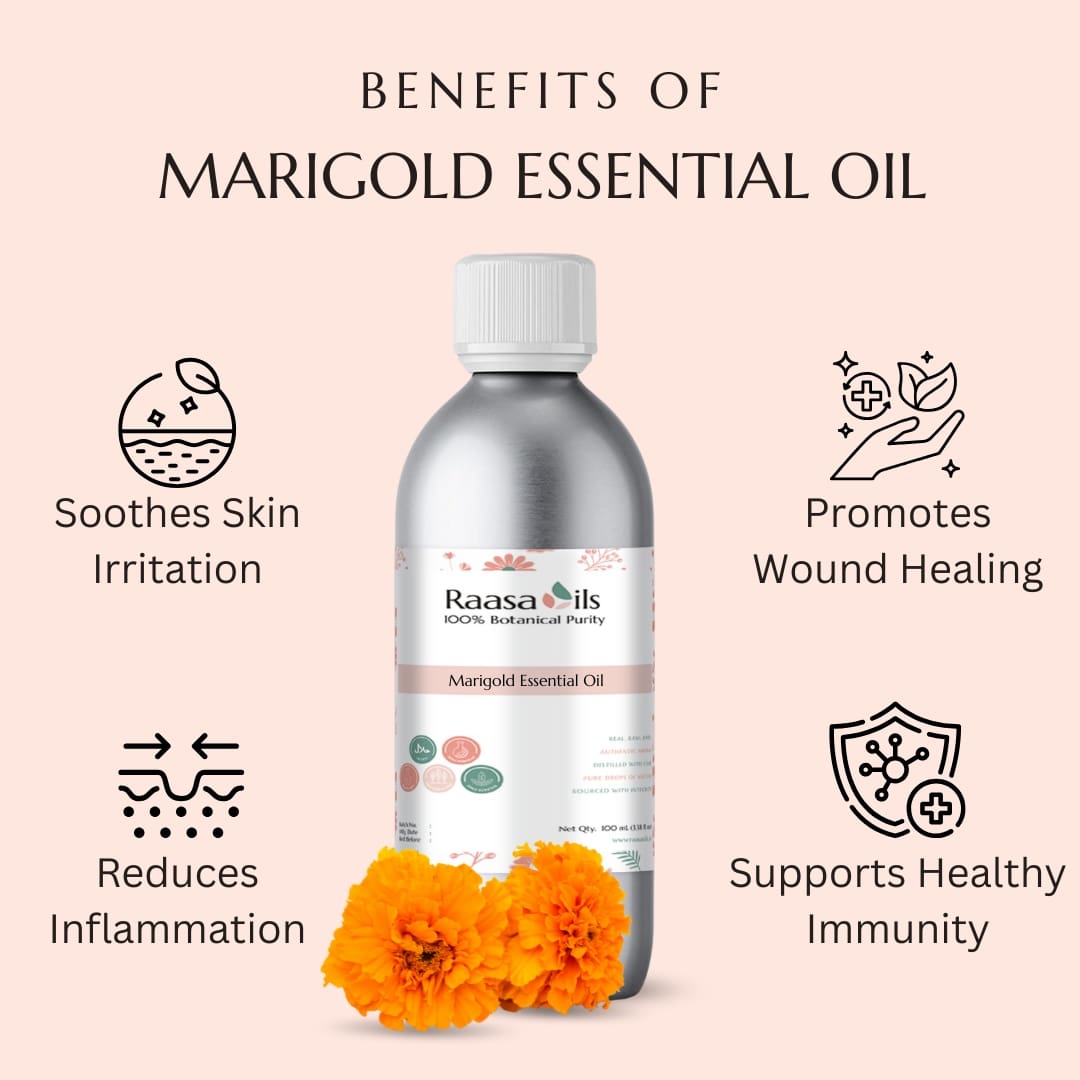 Bottle of Raasa Oils Marigold Essential Oil with benefits listed on a pink background