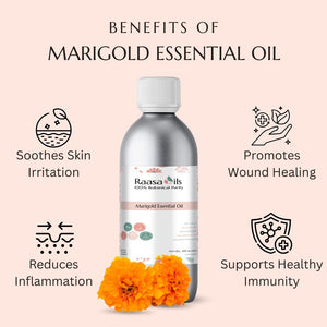 Bottle of Raasa Oils Marigold Essential Oil with benefits listed on a pink background