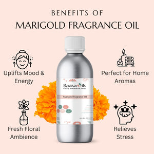Raasa Oils Marigold Fragrance Oil bottle with benefits listed on a pink background