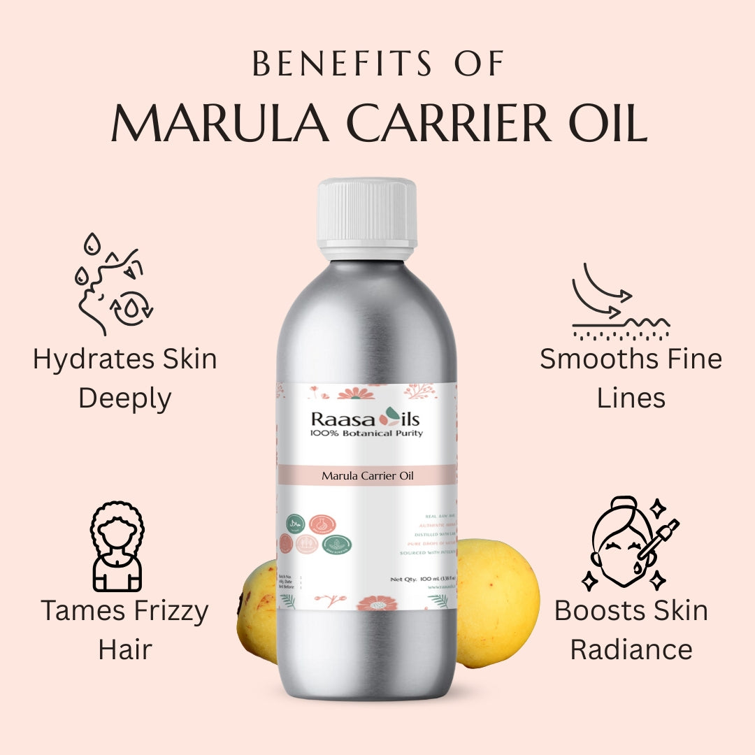 Raasa Oils Marula Carrier Oil bottle with benefits listed on a pink background