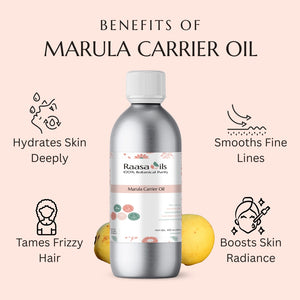 Raasa Oils Marula Carrier Oil bottle with benefits listed on a pink background