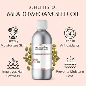 Meadowfoam seed oil bottle with benefits listed on a pink background