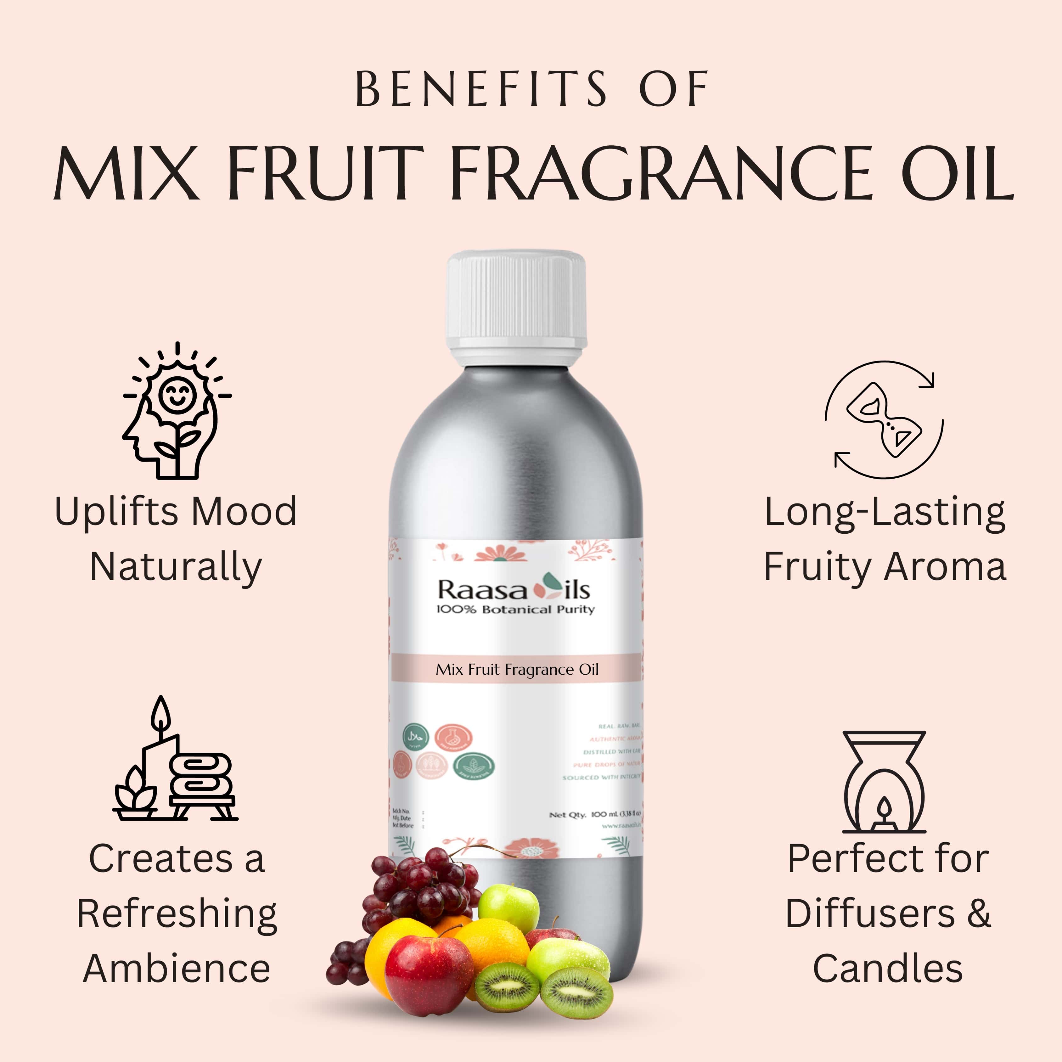 Raasa Oils Mix Fruit Fragrance Oil bottle with benefits listed on a beige background