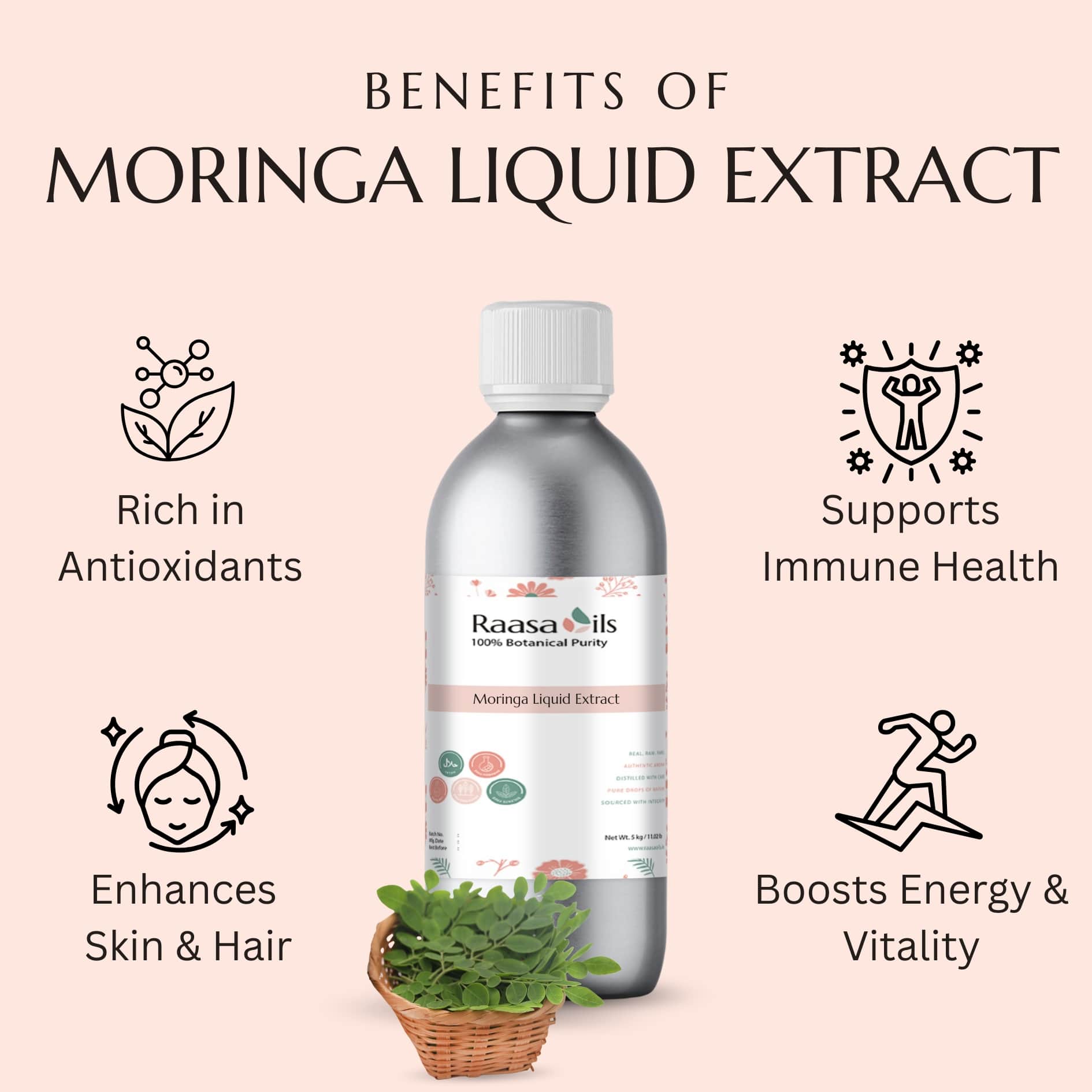 Moringa liquid extract bottle with benefits listed on a light pink background