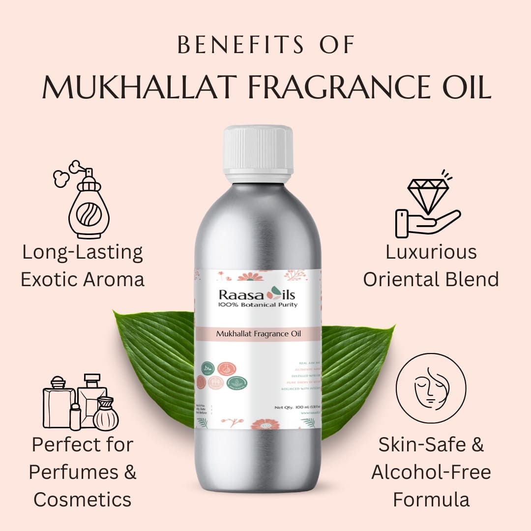 Bottle of Mukhallat Fragrance Oil with benefits listed on a pink background