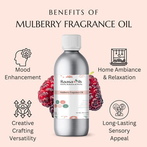 Bottle of Raasa Oils Mulberry Fragrance Oil with benefits listed on a pink background