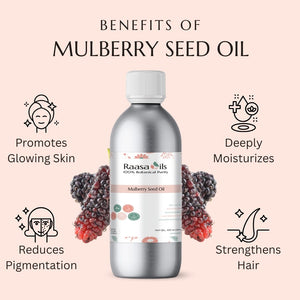 Bottle of Raasa Oils Mulberry Seed Oil with benefits listed on a pink background