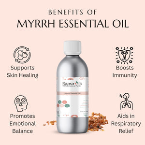 Bottle of Raasa Oils Myrrh essential oil with benefits listed on a pink background