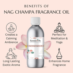 Raasa Oils Nag Champa Fragrance Oil bottle with benefits listed on a pink background