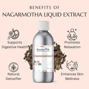 Bottle of Raasa Oils Nagarmotha Liquid Extract with benefits listed on a light pink background